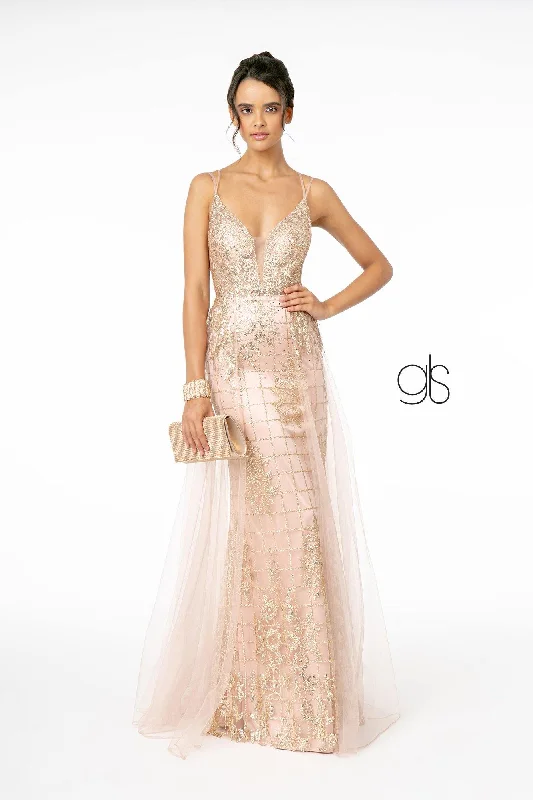 Stay Ahead In Style Glitter Mesh Illusion Deep V-Neck Long Prom Dress