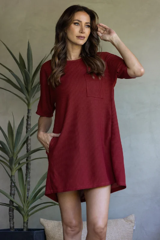 Classic Women's Fashion RUST RIBBED KNIT PATCH POCKET SHIRT MINI DRESS ND30183