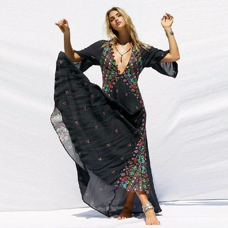 Chic Casual Wardrobe Essentials JuliaFashion-Floral Vibes V-Neck Irregular Maxi Dress