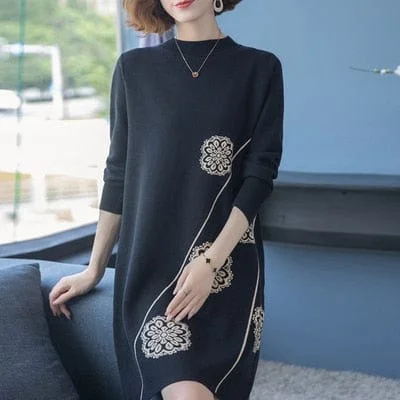 Bold and Elegant Women’s Fashion Floral Knitted Sweater Dress