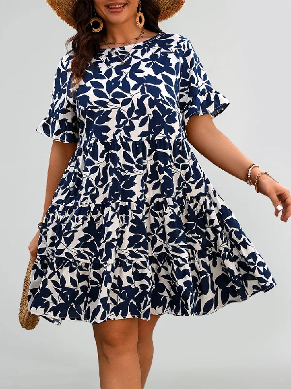 Edgy Fashion Deals Floral Print Round Neck Ruffle Hem Dress