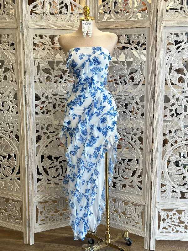 Plus Size Women’s Fashion and Clothing Blue Floral Full Ruffle Dress- Stretchy, Estira