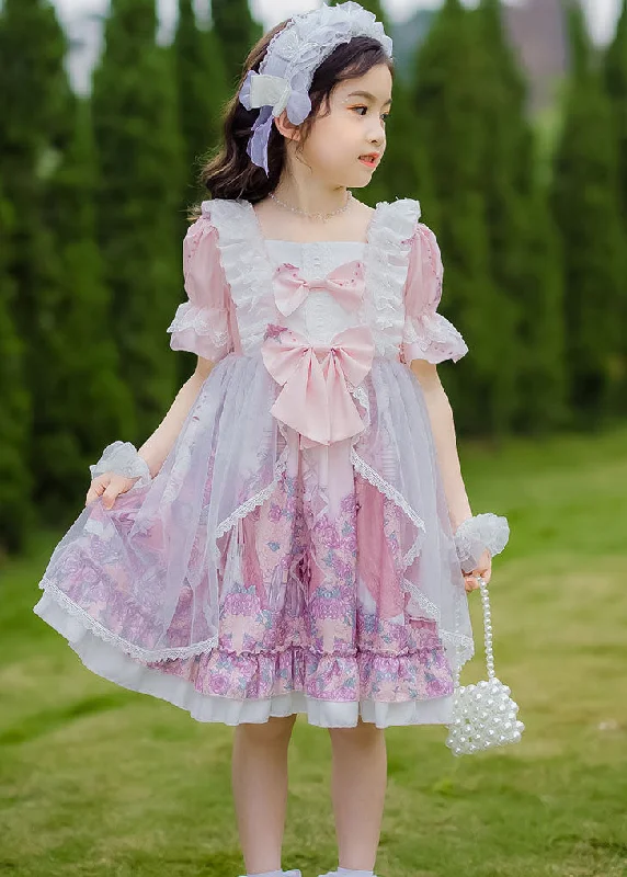 Women Apparel Sweet Pink Ruffled Bow Character Patchwork Tulle Kids Girls Princess Dress Summer