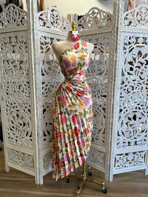 Women’s Casual Dresses Pleated Floral One Sleeve Dress- Estira Poco, Slightly Stretchy