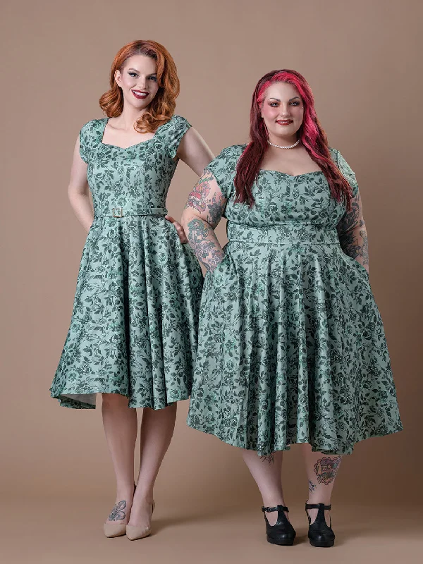 Smart Casual Deals Cosmopolitan Swing Dress- Vintage Green Floral