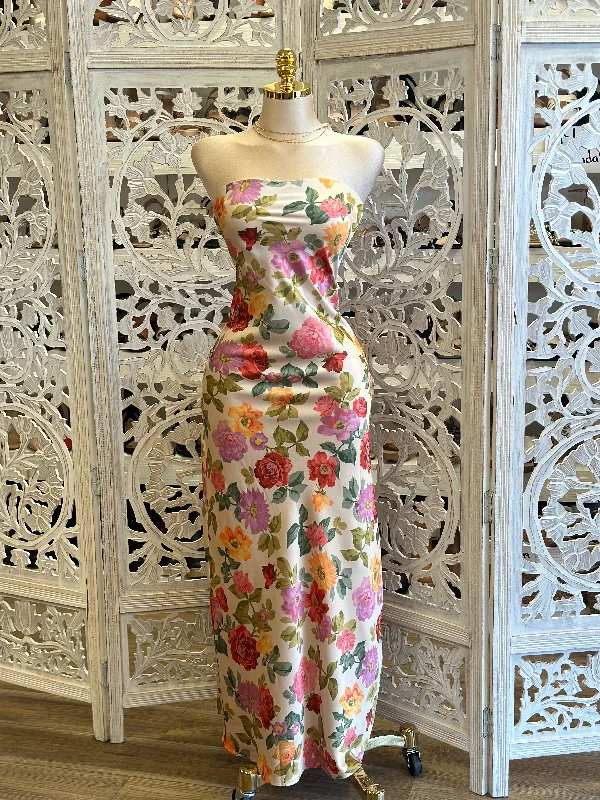 Women’s Trendy Outfits Strapless Satin Floral Multi Color Dress- Not Stretchy,No Estira