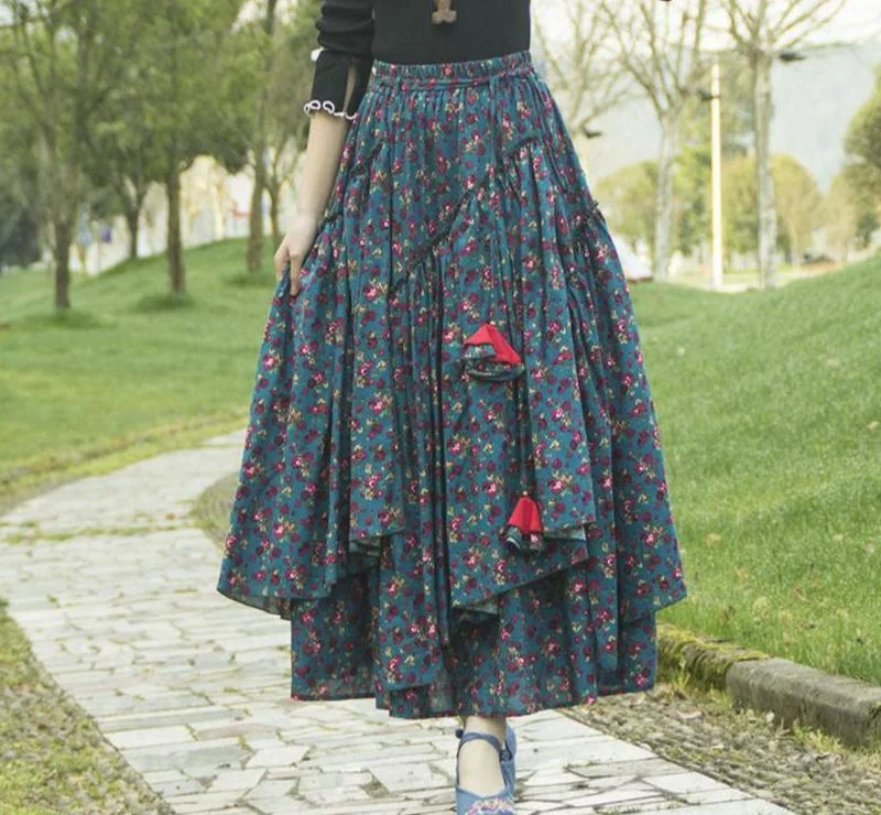 Clothes Women Vintage Floral Printed Ruffled Asymmetric Skirt