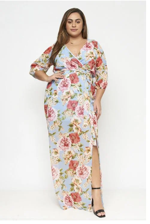Trendy Women's Wear Blue Floral Chiffon Plus Size Maxi Dress