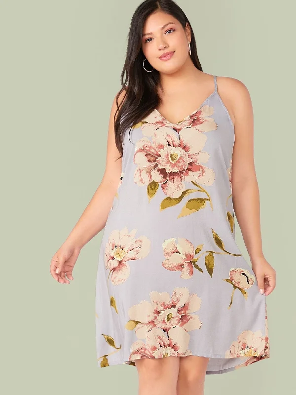 Hot Items Plus Double V-neck Floral Print Slip Dress