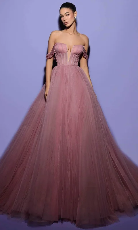 Trendy Aesthetics Tarik Ediz 98471 - Draped Sleeve Corset Ballgown