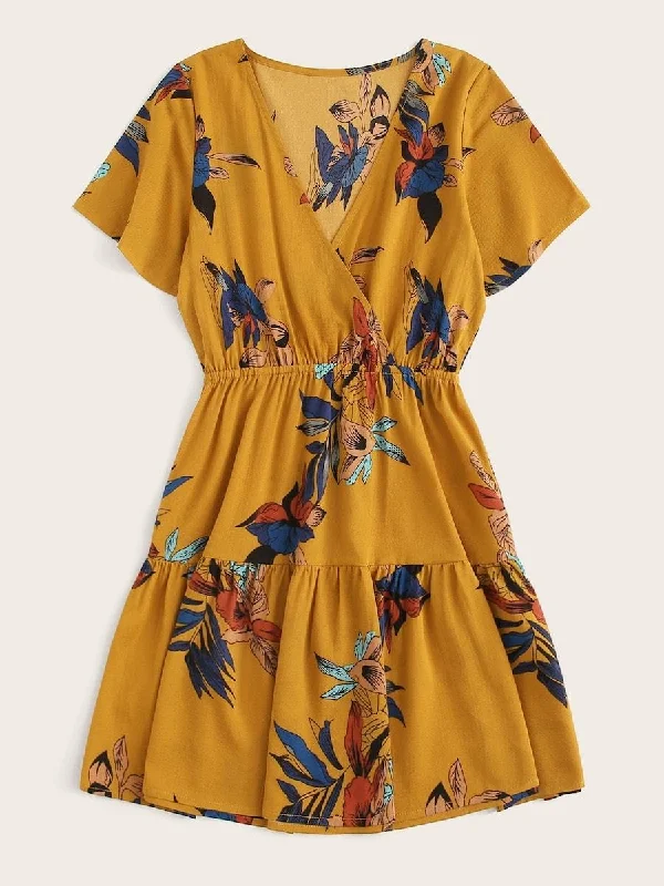 Final Sale Plus Surplice Front Floral Print Dress