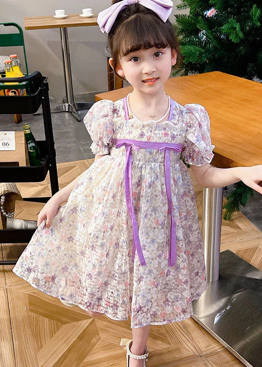 Earthy Tones light Purple Print Patchwork Tulle Baby Girls Dress Wrinkled Summer