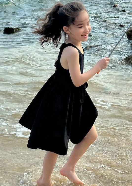 Chic And Comfortable Simple Black O Neck Wrinkled Patchwork Cotton Baby Girls Dresses Sleeveless