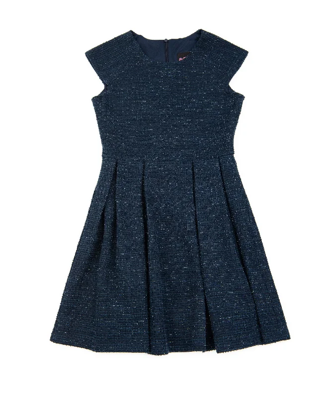 Women's Clothing Online Sale By Debra Girls Ali Navy Boucle Cap Sleeve Box Pleat Dress