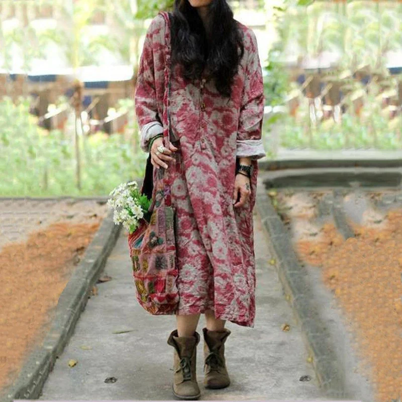 Flash Sales This Week Cotton Linen Casual Loose Fitting Floral Dress Red / Blue