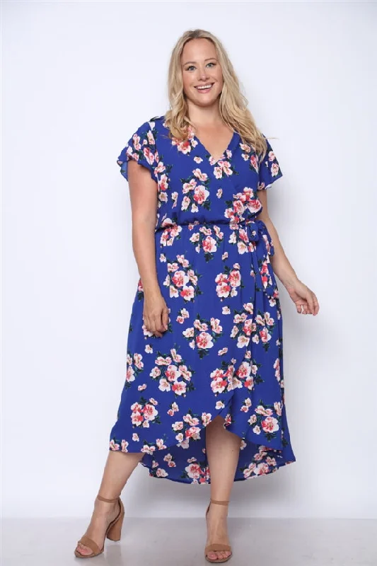 Urban Femme Streetwear Royal Blue Floral Print High Low Plus Size Maxi Dress