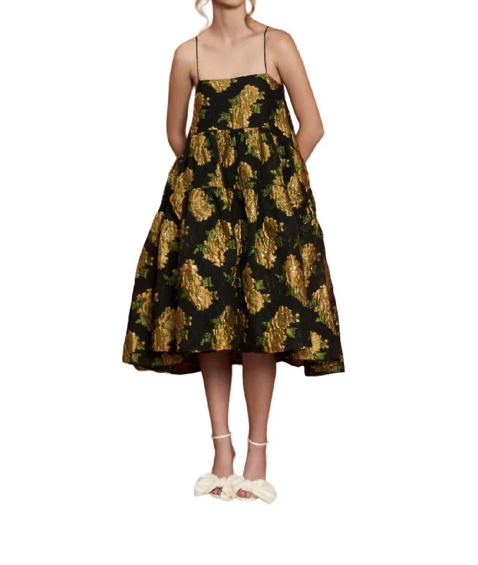 Classic Charm Golden Jacquard Cami Dress In Coal