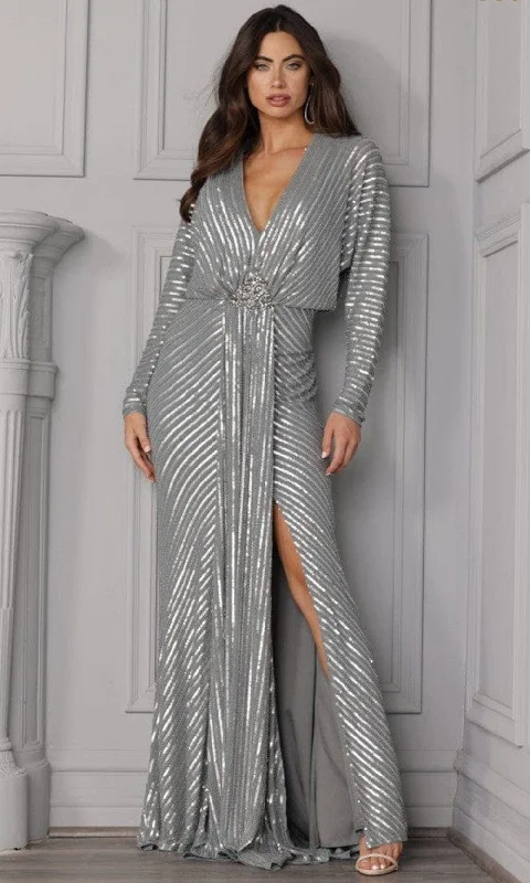 Online Boutiques Best Terani Couture 2111M5280 - Long Sleeve V-neck Gown