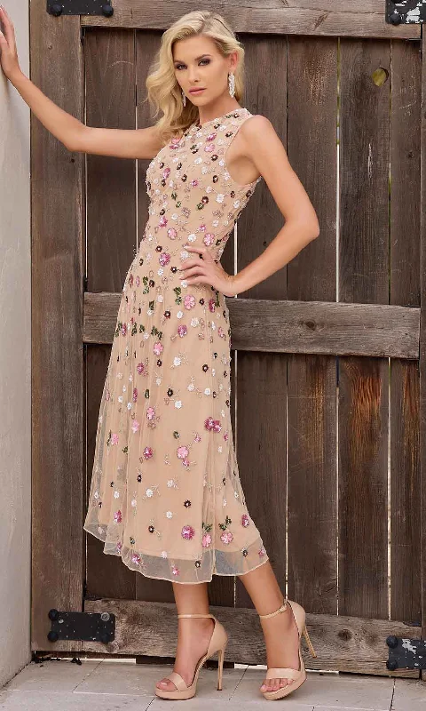 Feminine Style Promotions Primavera Couture 13159 - Jewel Neck Floral Sequined Tea-Length Dress