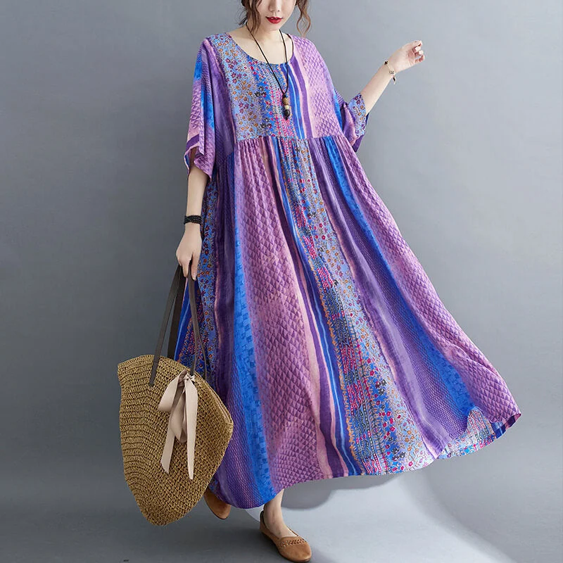 Online Shopping Boutiques Babakud Plus Size - Summer Floral Printed Linen Purple Dress