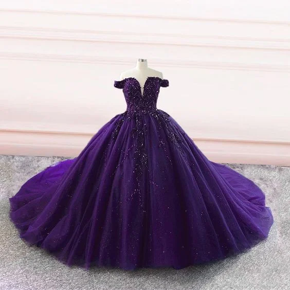 Buy More, Save More Purple tulle ball gown off the shoulder wedding dresses Y4310