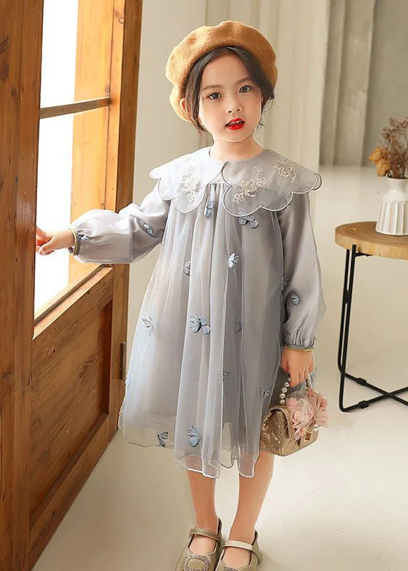 Graceful Fashion Novelty Grey Butterfly Embroideried Tulle Girls Long Dress Long Sleeve