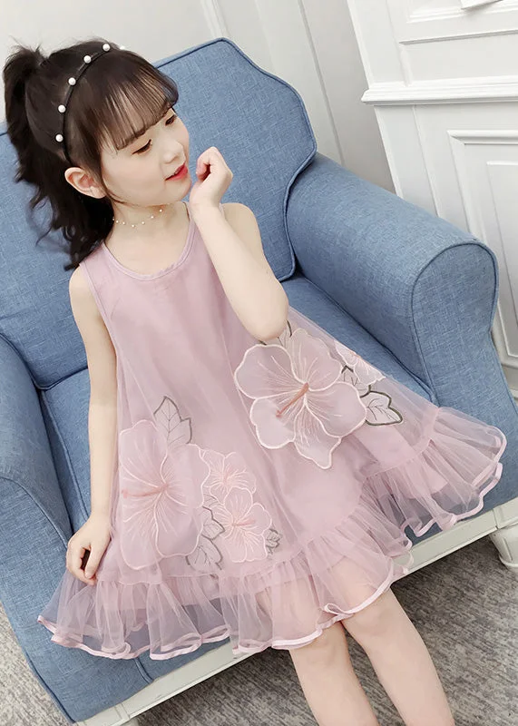 Trendy Street Style Clothing Fine Pink O-Neck Patchwork Embroideried Patchwork Tulle Girls Long Dresses Sleeveless