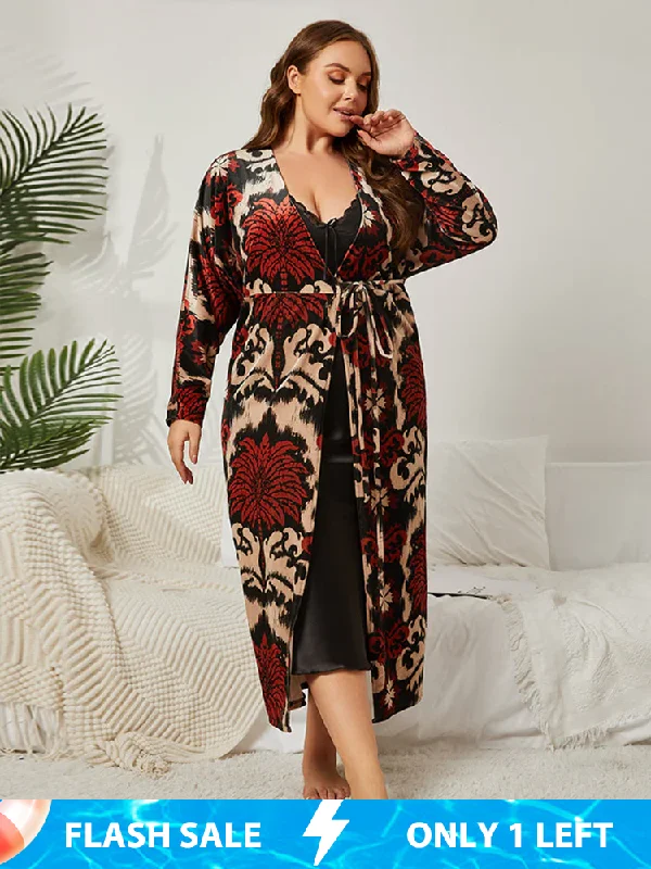 Romantic Fashion Discounts Plus Floral Velvet Tie Front Pajama