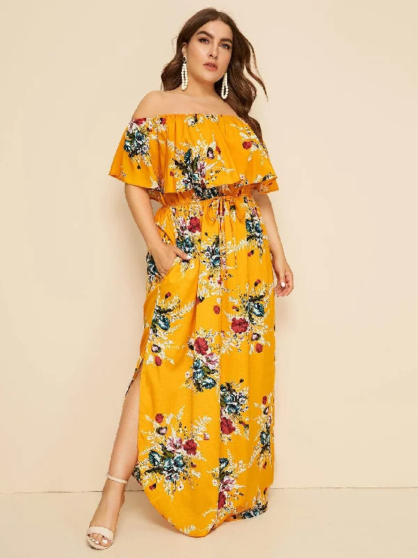 Mega Sale Plus Floral Print Drawstring Waist Off Shoulder Dress