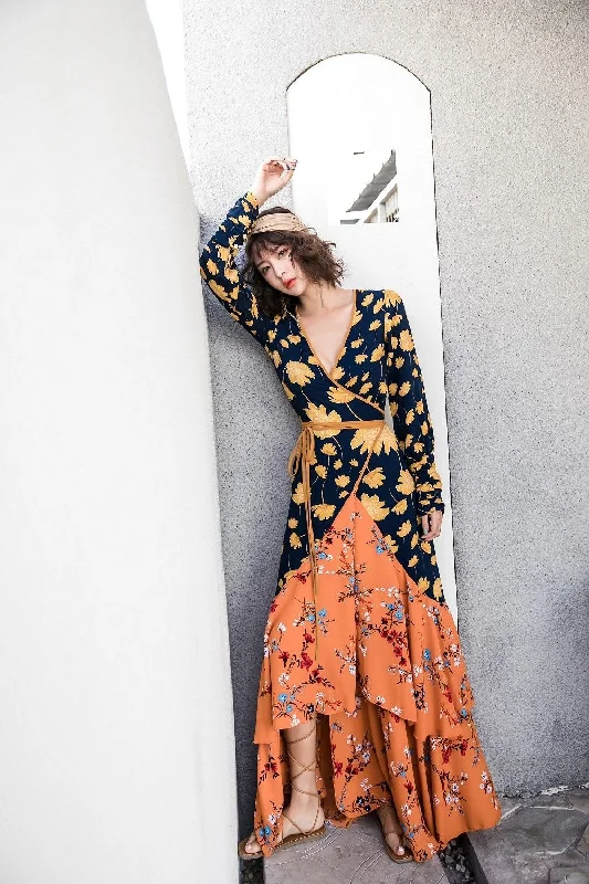 Women’s High Street Fashion JuliaFashion - 2024Vintage Floral Full Sleeve V-Neck Dress