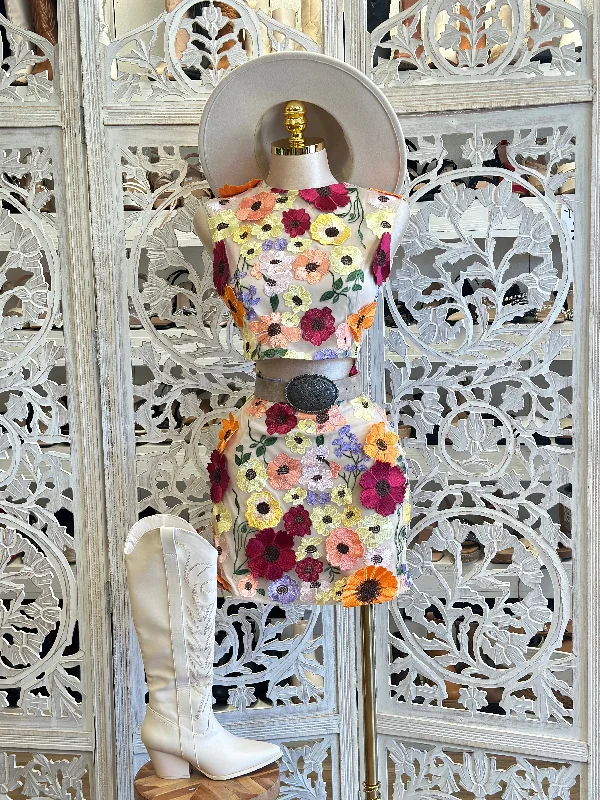 Holiday Discount Embroidered Floral Nude Dress - No Estira, Not Stretchy