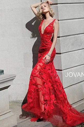 Seasonal Sale Jovani 60283 size 10 Red sequin floral Lace sheer prom dress Sexy formal gown