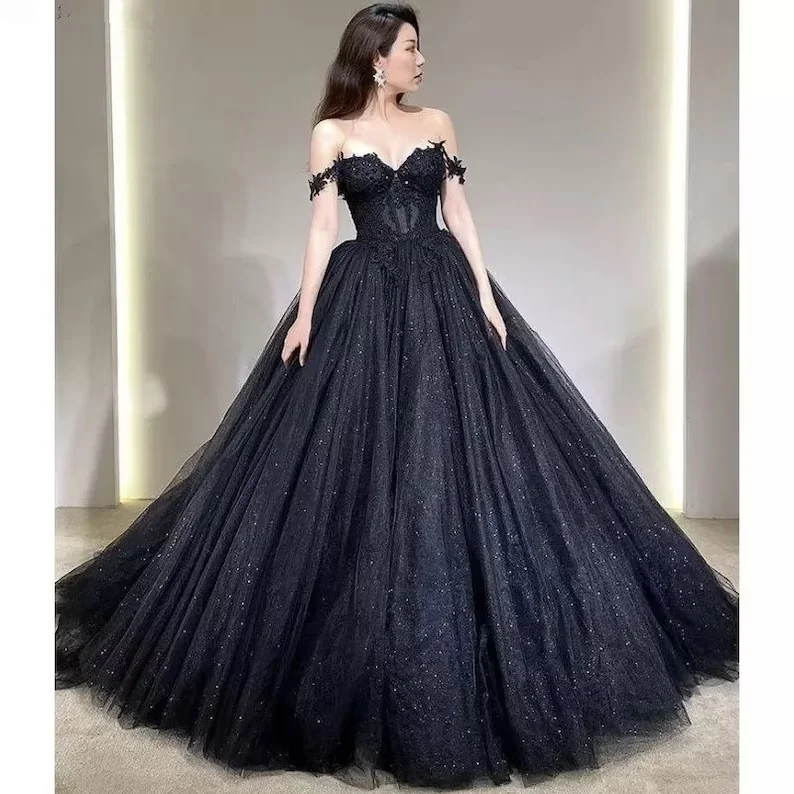 Bold Fashion Sales Lace Applique Tulle Dress, Black Glitter Wedding Dress, 3D Flowers Long Evening Dress Y1625