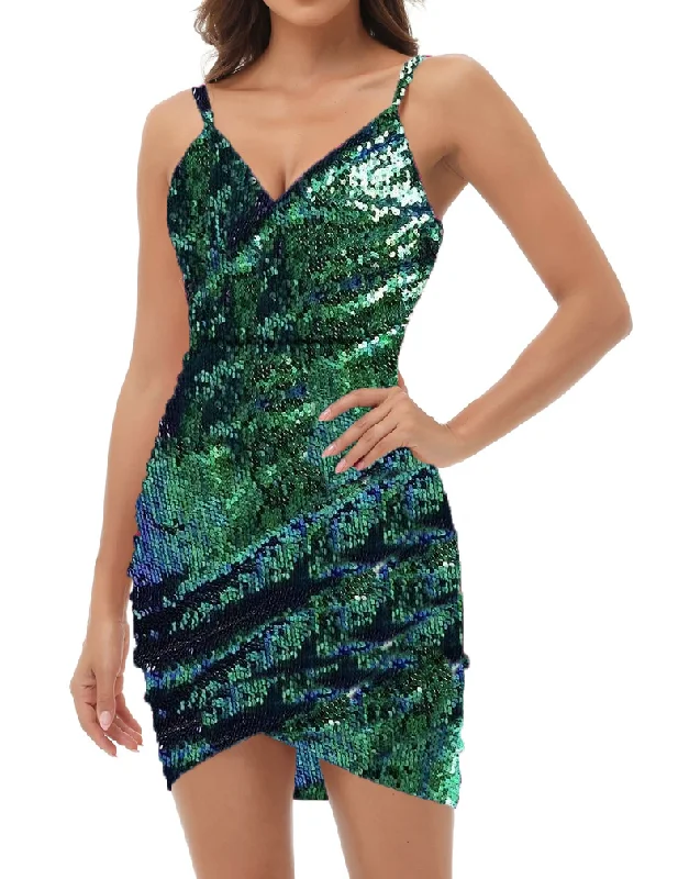 Holiday Glam M - ssb green faux wrap sequin mini dress