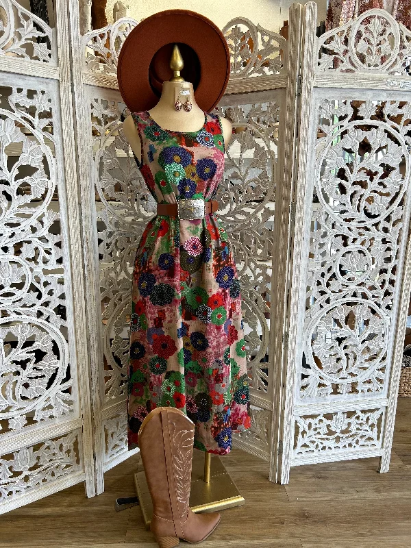 Hot Picks Scoop Neck Floral Multi Color Flowy Midi Dress- Not Stretchy