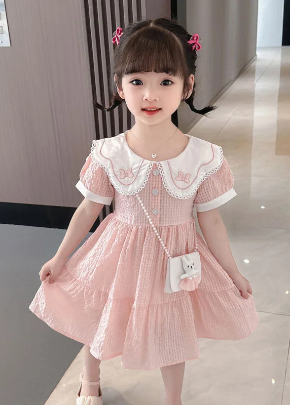 Business Casual Outfits Cute Pink Peter Pan Collar Wrinkled Patchwork Cotton Baby Girls Dress Summer
