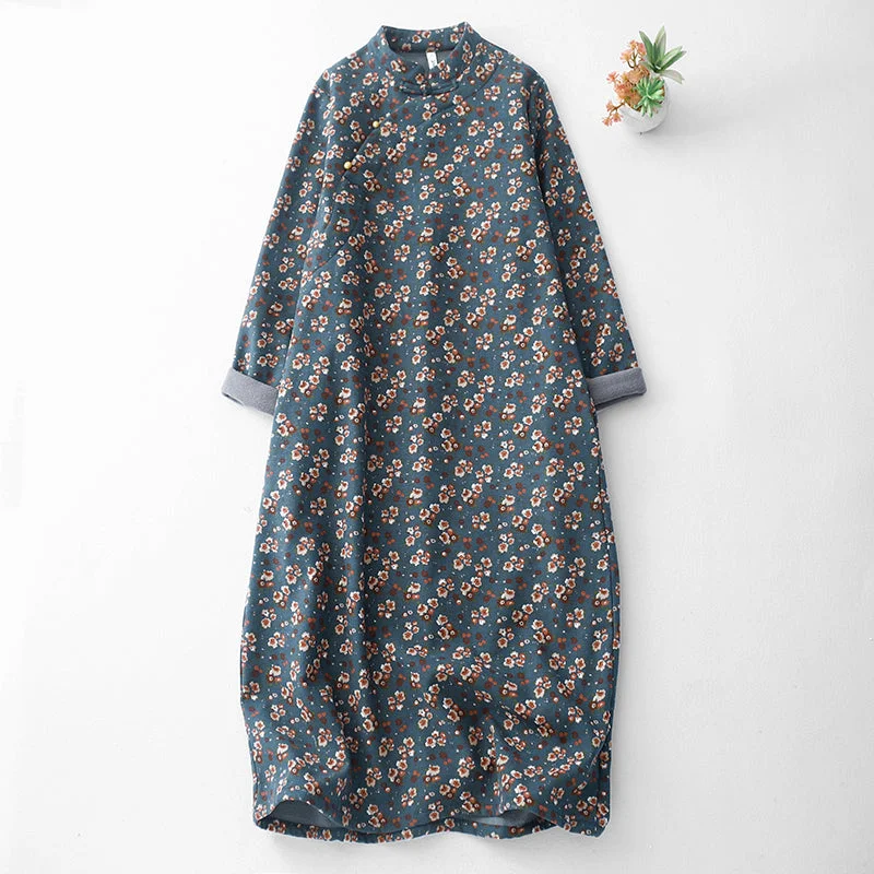 Woman Clothing Babakud Women Winter Thickened Printed Floral Loose Fit Cotton Linen Dress