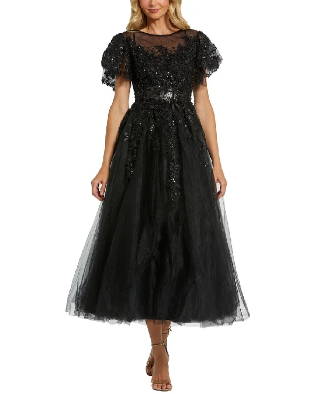 Elegant Styles Mac Duggal Embellished Flutter Sleeve Bow Waist A Line Dress