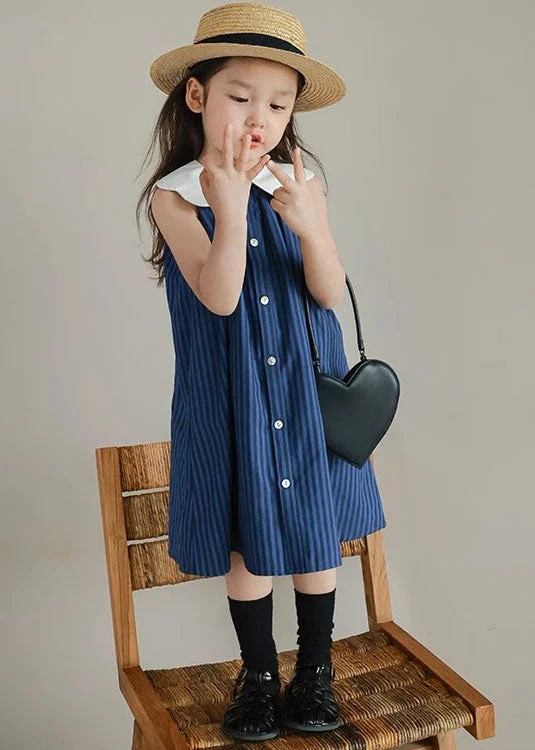 Sporty Streetwear Boutique Blue Peter Pan Collar Striped Patchwork Cotton Baby Girls Dresses Summer