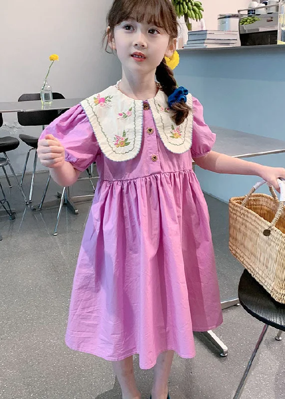 Premium Fabrics Boutique Purple Embroideried Patchwork Cotton Kids Girls Dress Summer