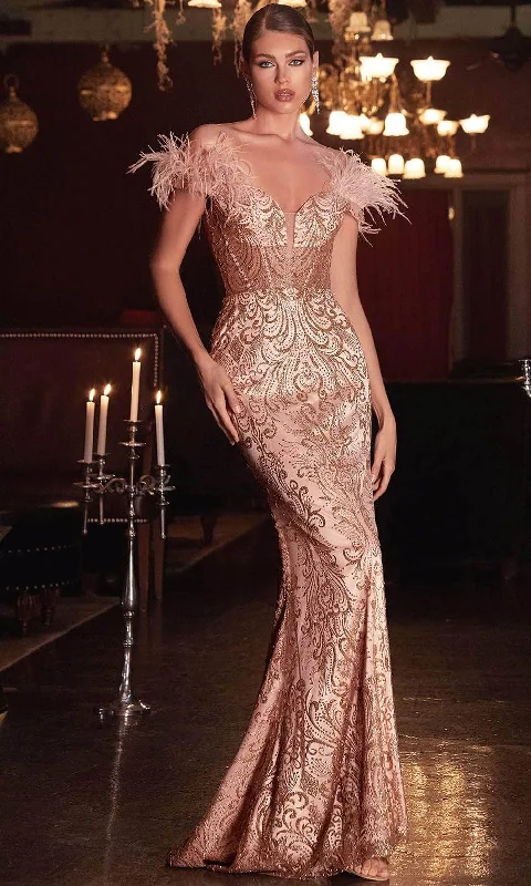 Style Revolution Ladivine J824 - Feathered Sleeve V-Neck Prom Gown