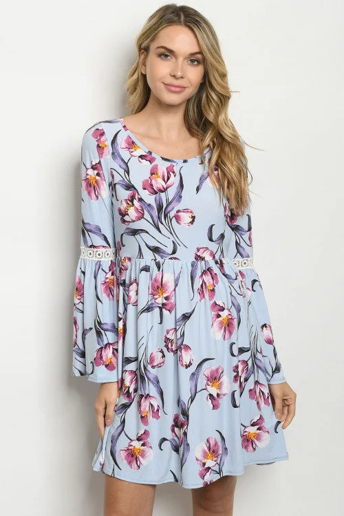 Elegant Styles Blue Floral Bell Sleeve Dress