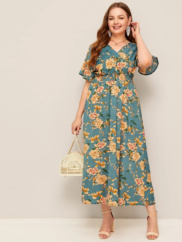 Trend Leading Collection Plus Shirred Waist Floral Print Surplice Dress