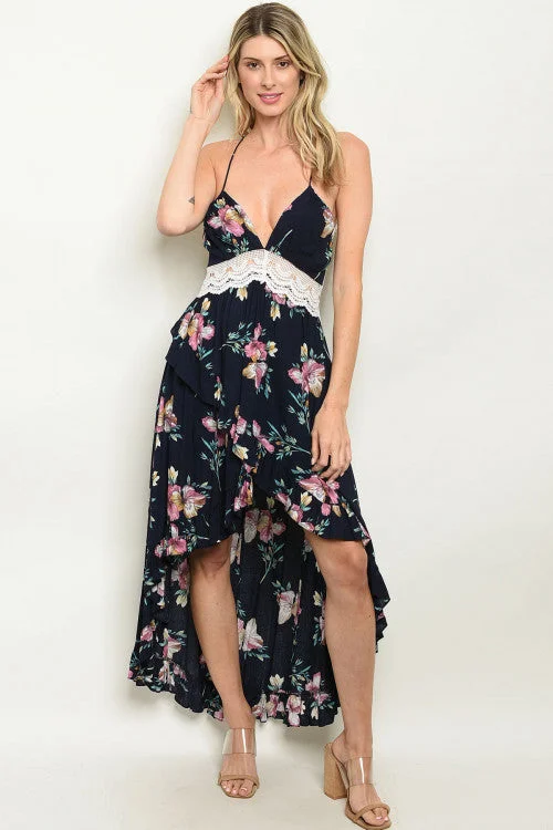 Chic And Comfortable Navy Blue Floral High Low Maxi Dress