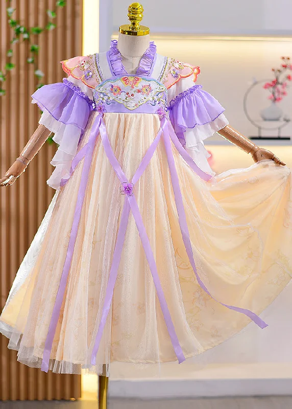 Winter Wardrobe Clearance Style Purple Ruffled Embroideried Floral Patchwork Kids Girls Long Dresses Summer