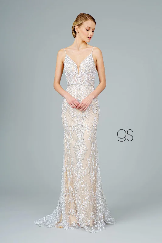 Style Streetwear Jeweled Waist Band Accented Glitter Mesh Long Prom Dress
