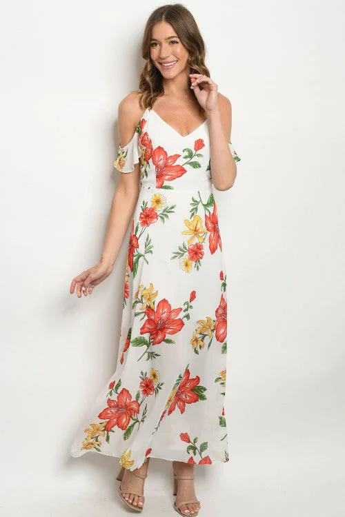 Casual Chic Ivory Floral Cold Shoulder Maxi Dress