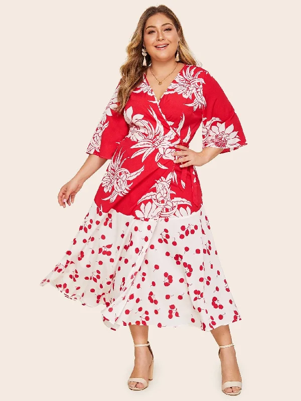 Quick Grab Deals Plus Surplice Neck Floral Print Knot Dress