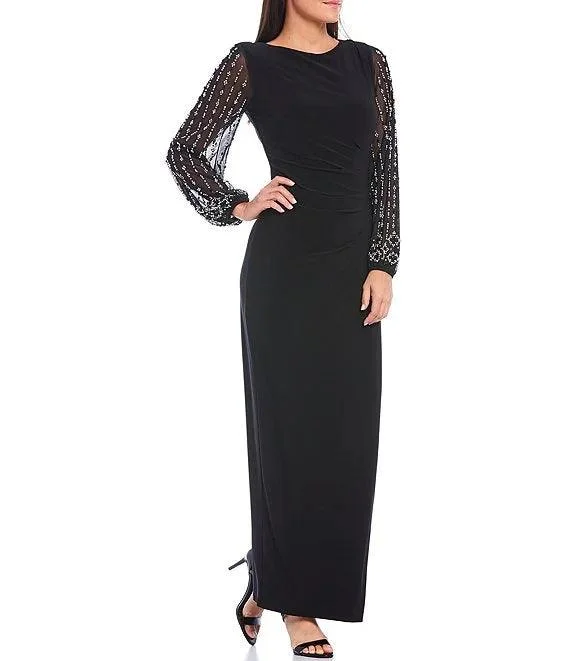 Exclusive Deals Online Marina Long Sleeve Formal Beaded Chiffon Dress