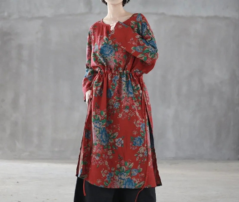 Sales Clothes Floral Drawstring Belt Slit Dresses